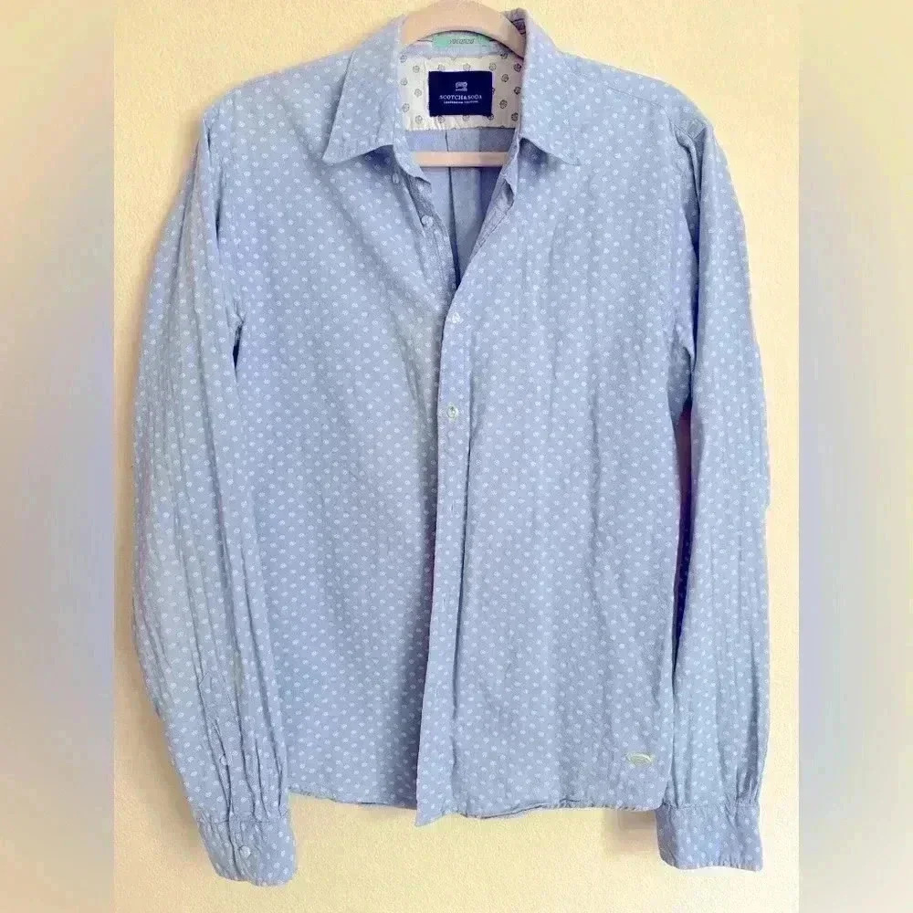 Scotch & Soda Shirt Long Sleeves 100% Cotton Blue White Print Sz M